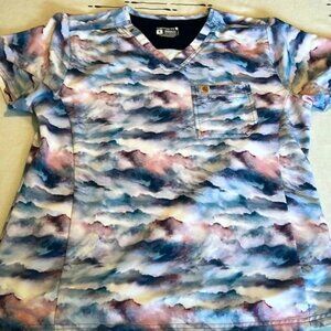 Carhartt Modern Fit Scrub Top. Size XL. Blue pink and white watercolor